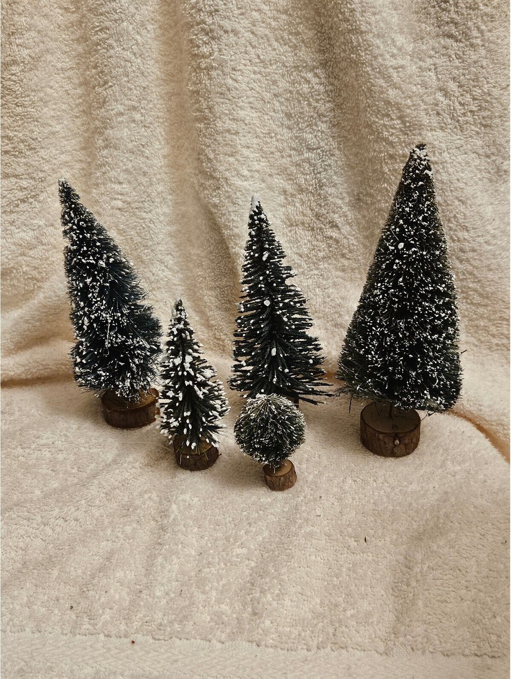 Vintage Dept 56 Bottle Brush Christmas Trees Lot 5 Snow Flocked Wood Base 4-7"